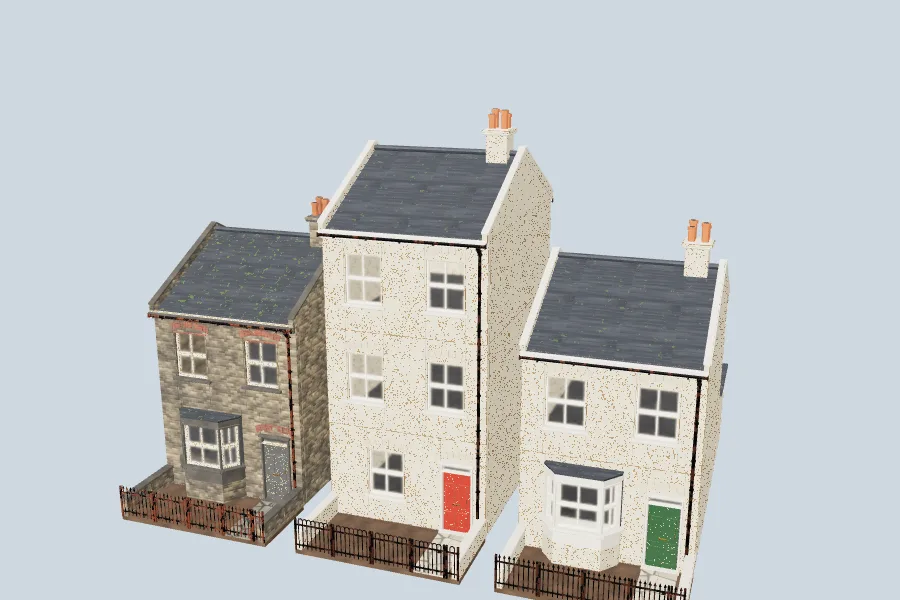 Three terraced houses: a soot-blackened colourway, a three-storey house in painted stucco, and a two-storey house in stucco with green doors
