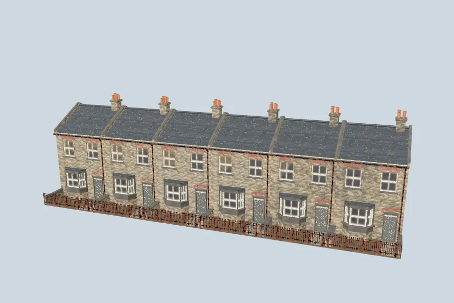 A row of six soot-blackened London terraced houses drawn with InstancedMesh