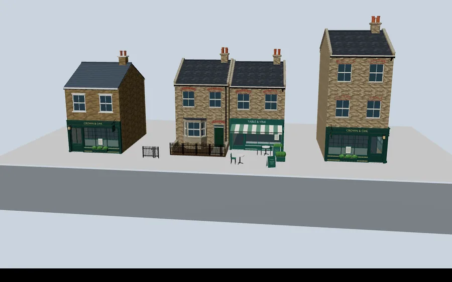 A React Three Fiber scene: a generated pub, the free starter's terrace house and restaurant with their props, and a corner pub from the London pubs pack