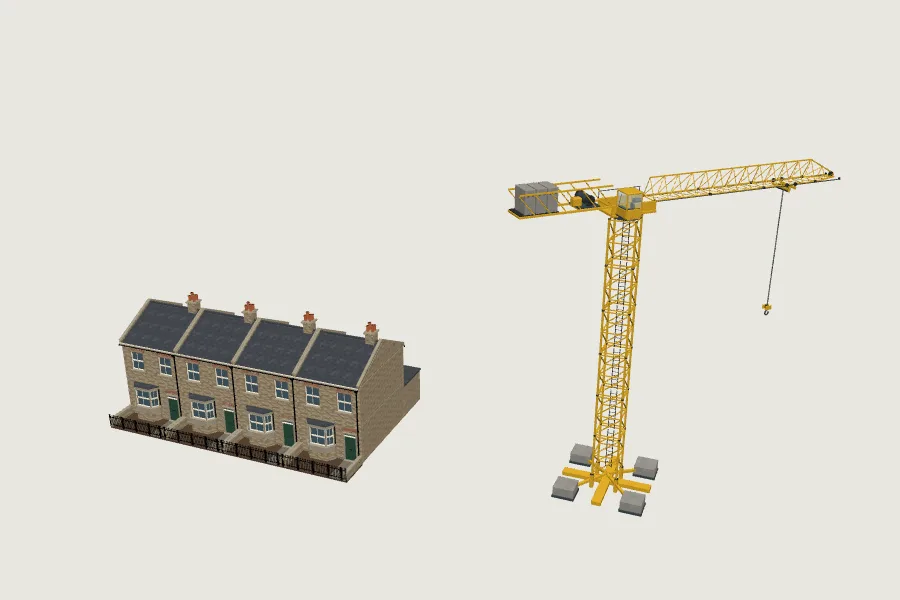 A row of four London terraced houses built with the code in this guide, next to the tower crane from the crane guide