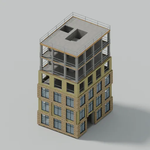 Narrow-plot block mid-build, 3D model preview