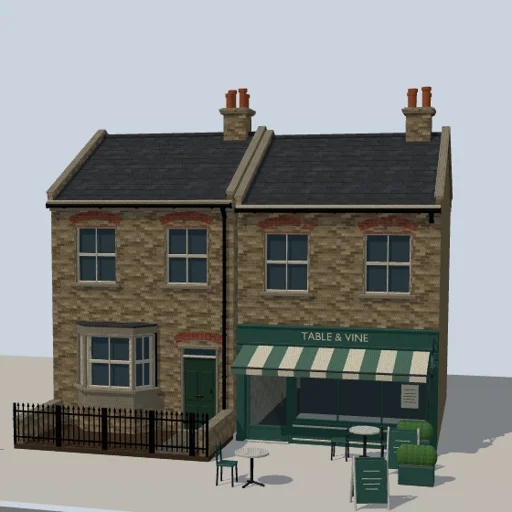London Street Starter: a Victorian terrace house and a restaurant shopfront with café tables, an A-board, planters and spear-top railings, rendered in three.js