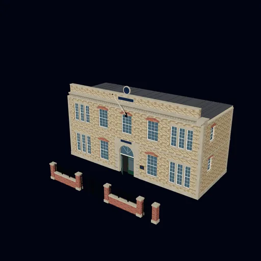 Municipal offices entrance and office wing, 3D model preview