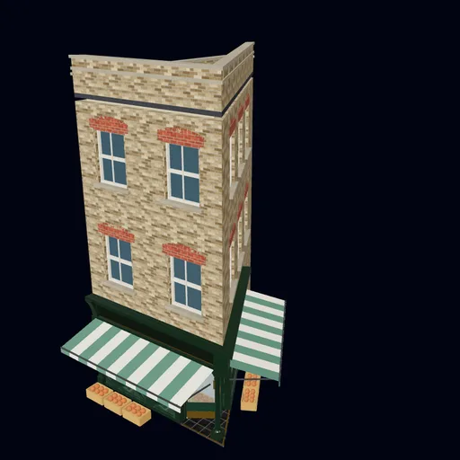 Corner grocery on an acute (60°) corner, 3D model preview