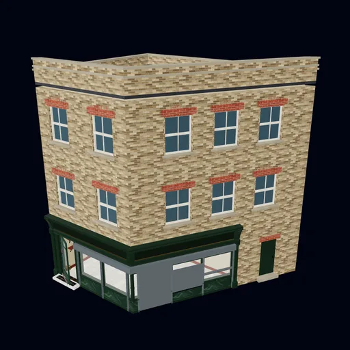 Obtuse (120°) corner newsagent, roller shutters down, half and up, 3D model preview