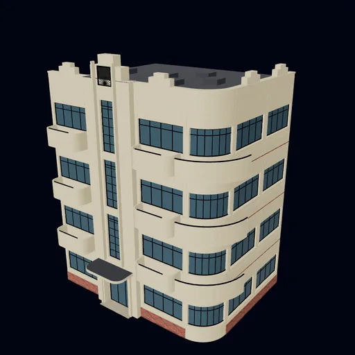 1930s Art Deco flats: entrance tower and rounded corner, 3D model preview