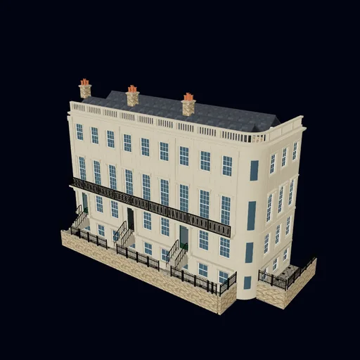 Regency stucco terrace with a quarter-round corner, 3D model preview