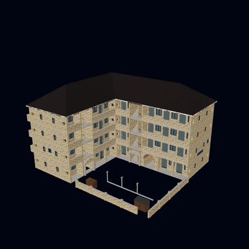 Estate block courtyard with galleries and stair, 3D model preview