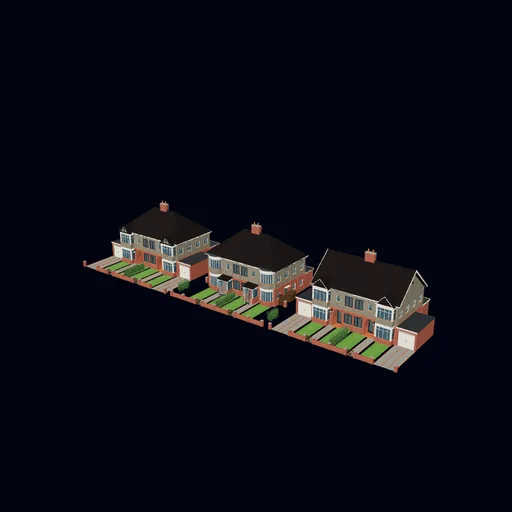 1930s suburbs and interwar estates: Mirrored 1930s semi-detached pairs with gardens and garages, rendered preview