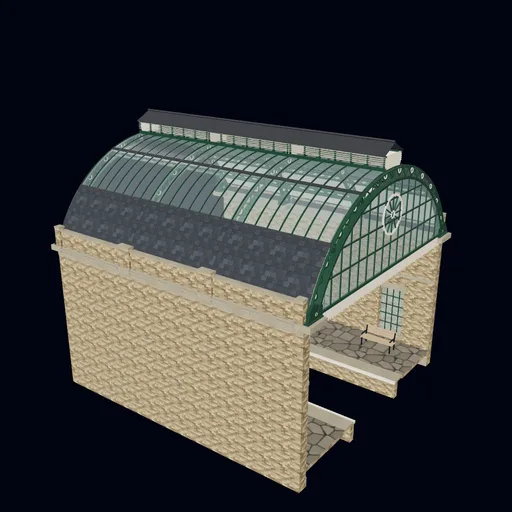 12 m train shed with wall-top cornice, 3D model preview